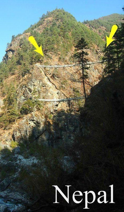 Trekking or hiking in Nepal. Some of the bridges are way beyond scary. This one is on the EBC, Everest Base Camp route, just before Namche Bazar, see more in this post.