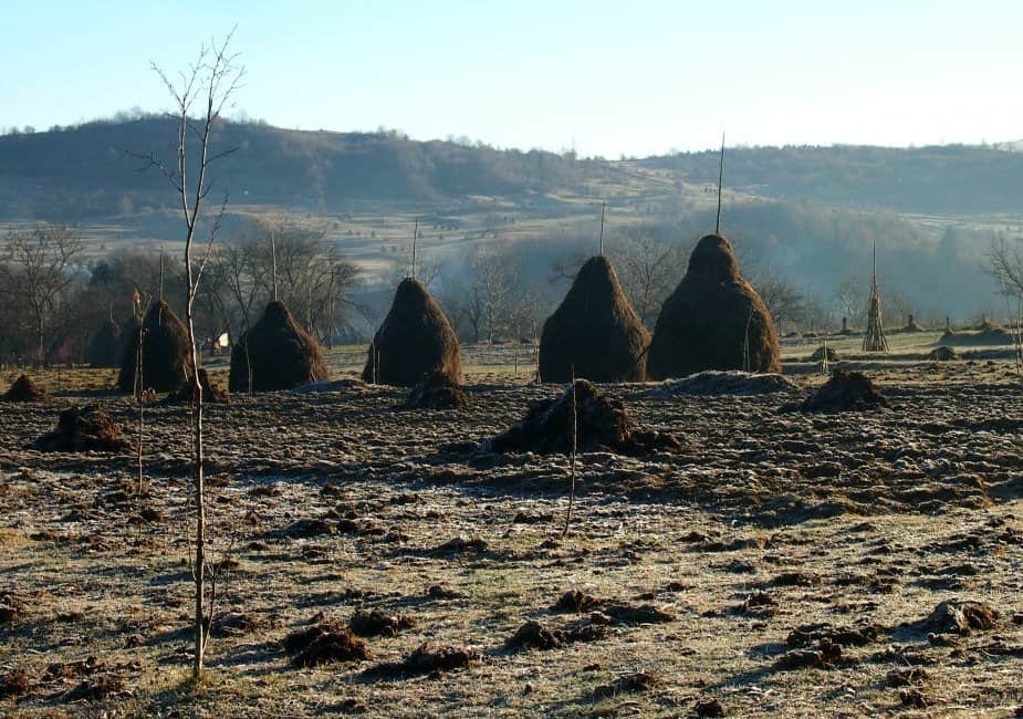 Autumn frosts on fields and haystacks Breb Maramures Romania