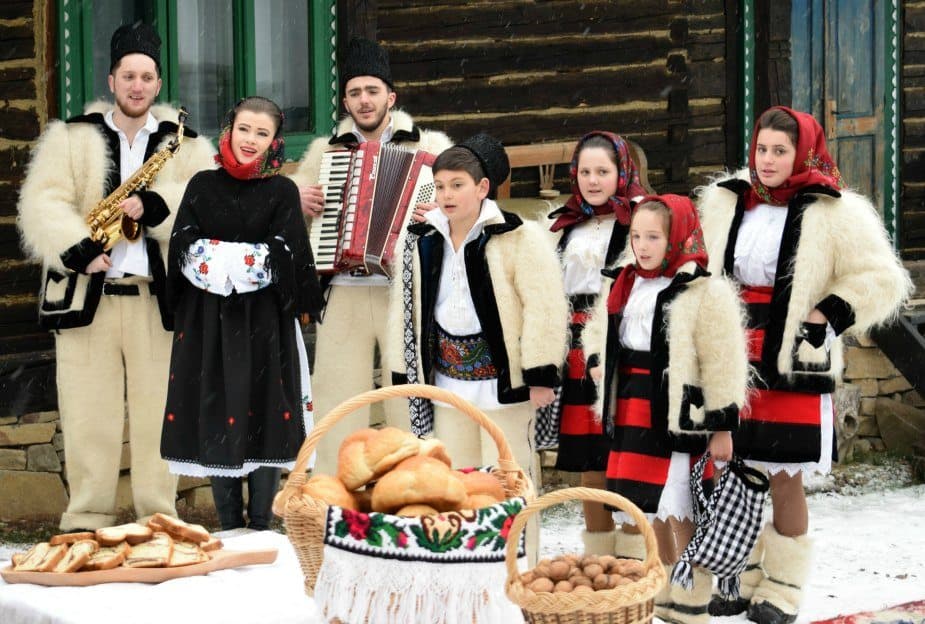 Traditional winter outfits snow Breb Maramures Romania